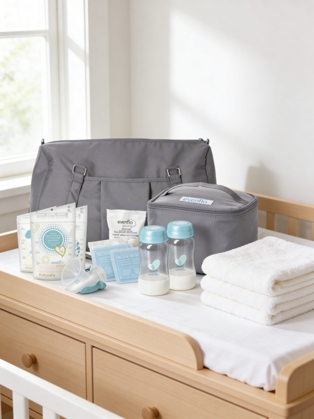 Evenflo Gray breast milk storage kit with feeding bottles